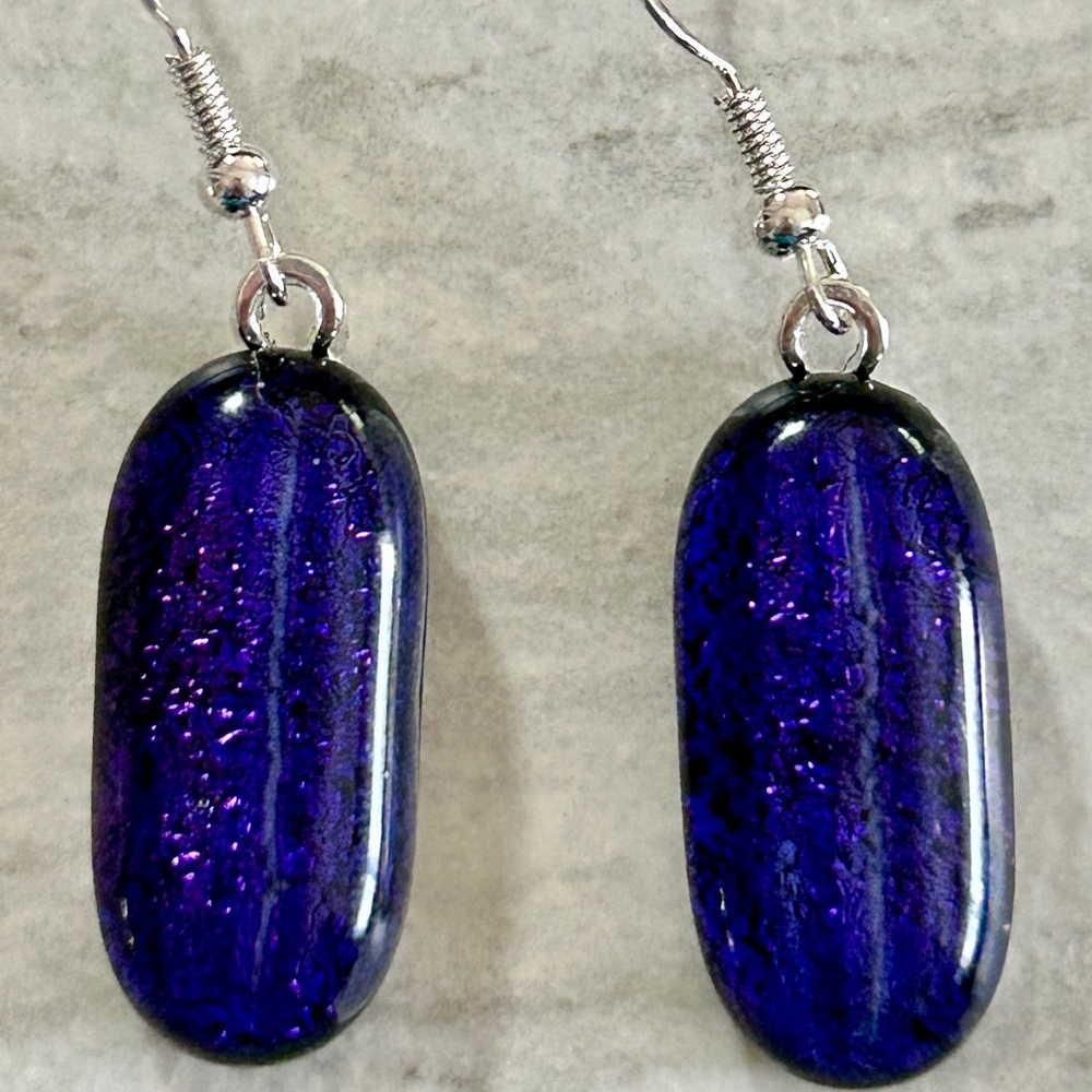 Sparkly purple dichroic fused glass dangle earrings